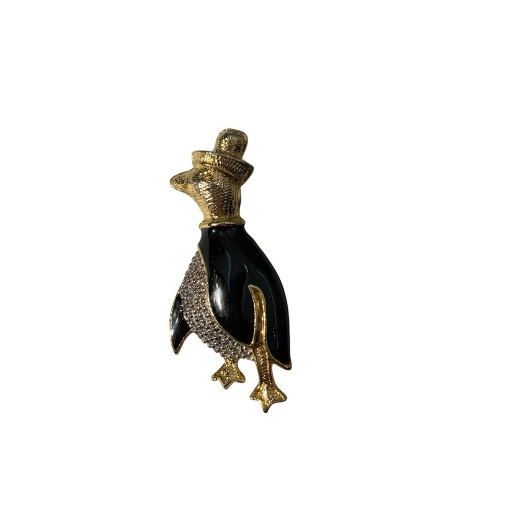Vintage Gold Tone Black Enamel Distinguished Penguin Top Hat Brooch Pin